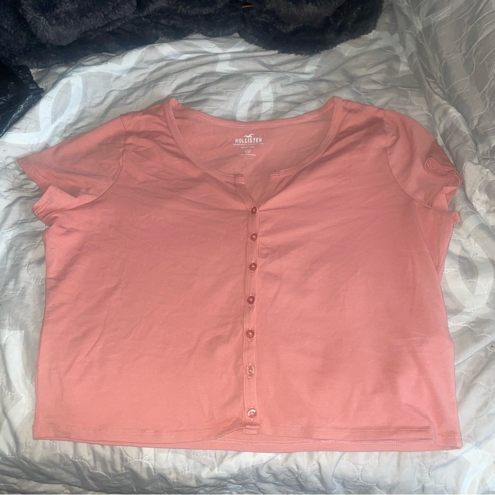Hollister Women's Coral Button-Down Baby Tee Shirt